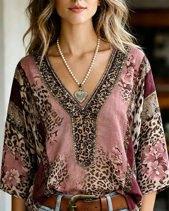 Blouse V-Hals Lantaarn Mouw Luipaard