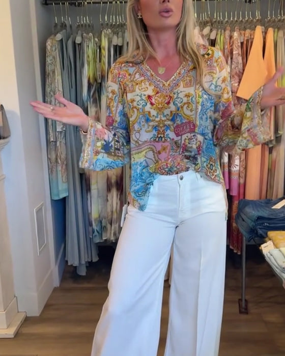 Blouse V-Hals Bohemian Print Casual