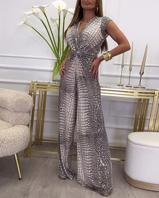 Mouwloze jumpsuit met diepe V-twistprint