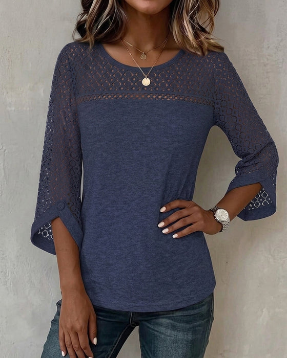 T-Shirt Hollow Out Lange Mouw Patchwork