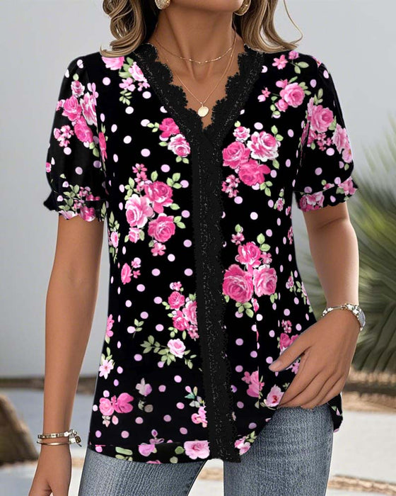 Blouse V-Hals Kant Lantaarnmouwen Bedrukt