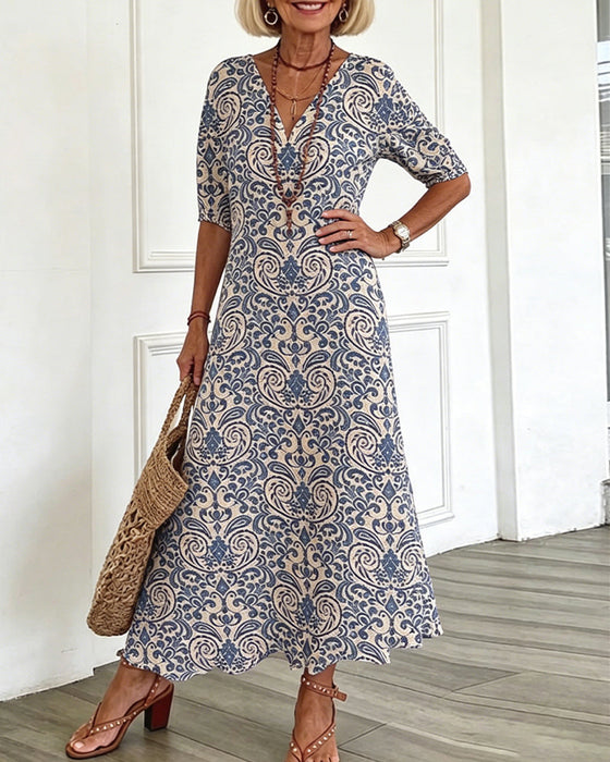 Jurk Vintage Bloemenpatroon V-Hals Maxi