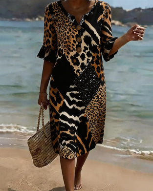 Jurk Met Leopardprint En V-Hals