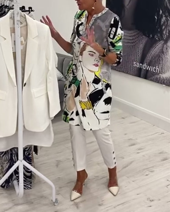 Casual lange top met knopen en karakterprint