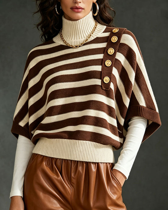 Pullover Turtleneck Knoop Gestreept Halfmouw Trui