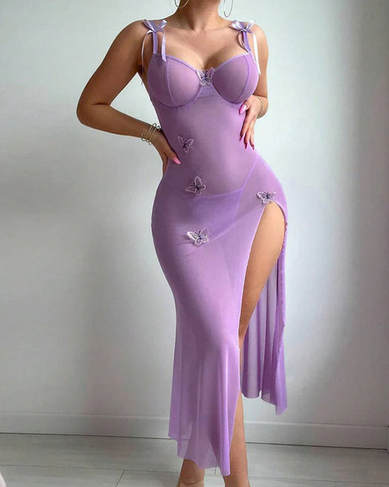 Mesh-Vlinder Jurk Met Hoge Split En Draagbanden