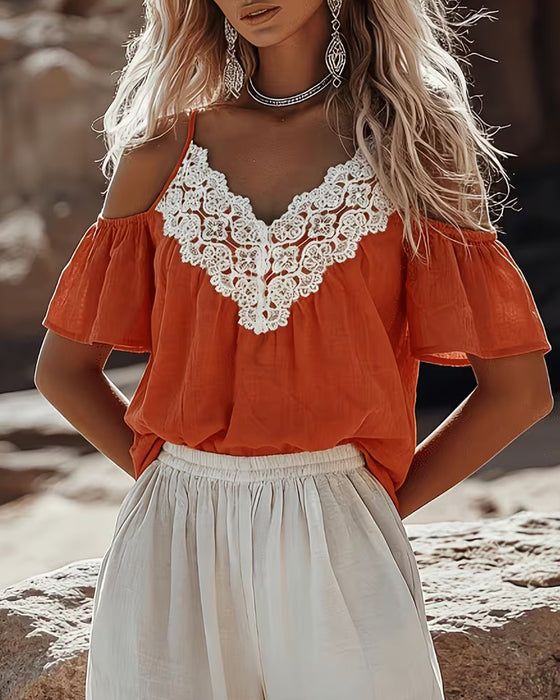 Blouse Kant Patchwork Off-Shoulder