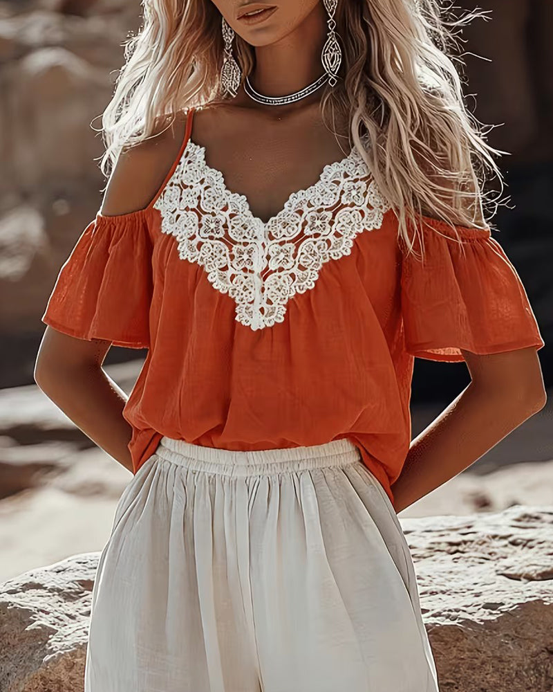 Blouse Kant Patchwork Off-Shoulder