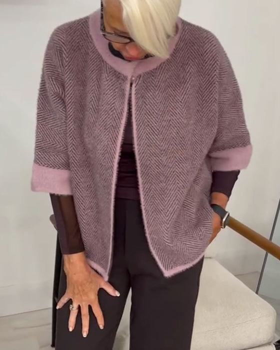 Cardigan Visgraatpatroon Kleurblok Cropped Gebreid