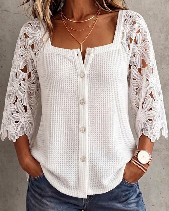 Blouse Kant Paneel Wafelbreisel Knoop-Voor