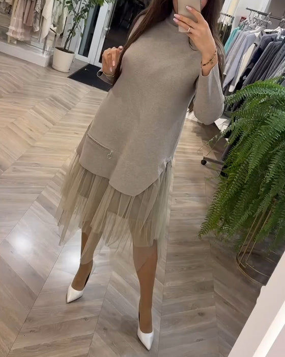 Jurk hoge kraag mesh patchwork