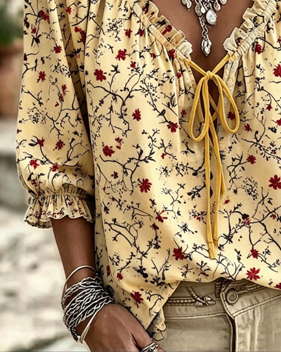 Blouse Kleine Rode Bloem Bloemen Stropdas