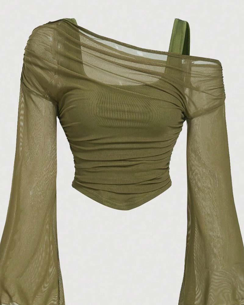 Blouse Gaas Geruwd Lange Mouw Cami