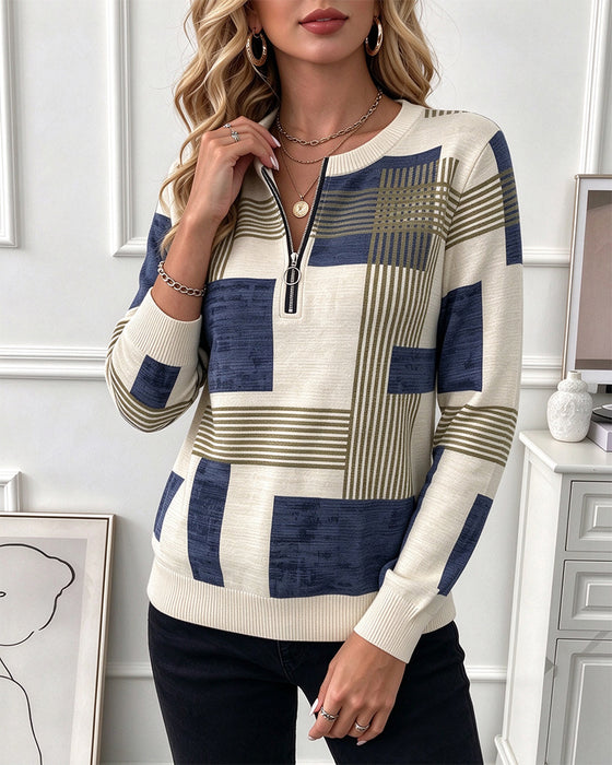 Sweatshirt Ronde Hals Geometrisch Half Rits Gebreid