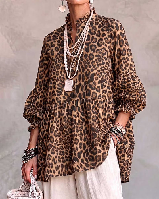 Top Luipaard Print Frill Trim Knoop