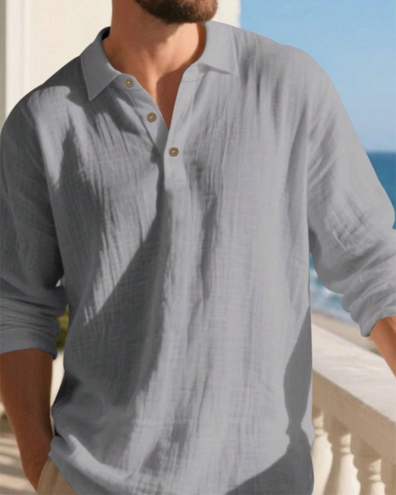 Overhemd Heren Lichtgewicht Los Linnen Lange Mouw Polo