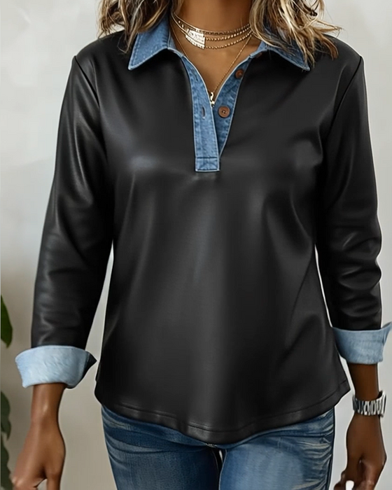 Top Casual Met Kraag Leer Patchwork