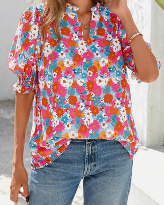 Blouse Bloemenprint Poef Korte Mouw