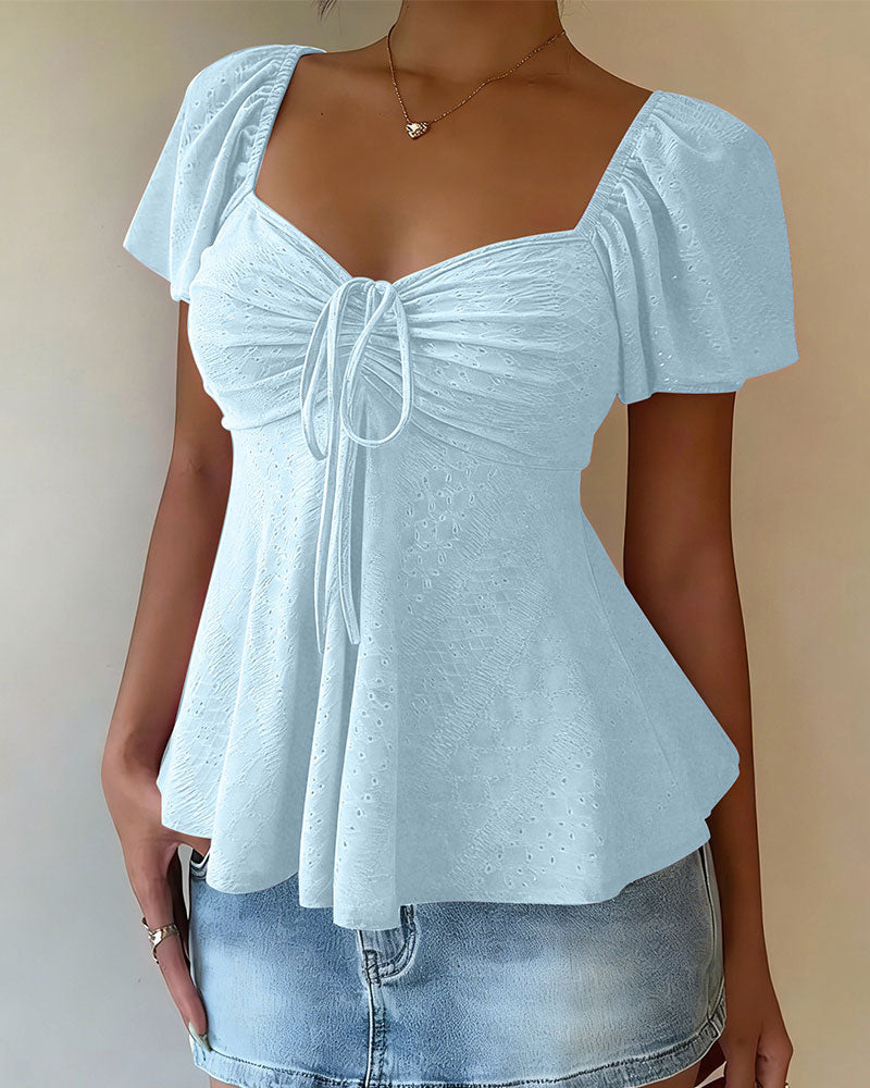 Blouse Doorgebroken Trekkoord Korte Mouw Effen