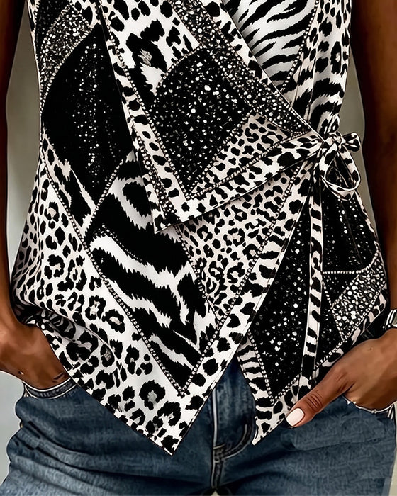Blouse Luipaardprint Strik Voor Mouwloos