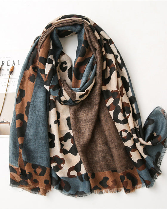 Dames Sjaal Luipaard Patchwork Print Franje Omslagdoek