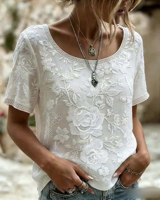 Blouse Rondhals Geborduurd Kant Patchwork