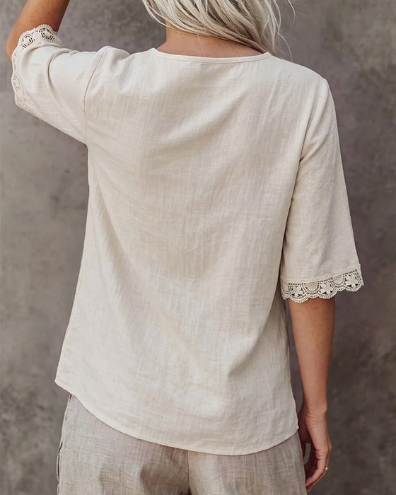 Blouse V-Hals Kant Patchwork 3/4-Mouw