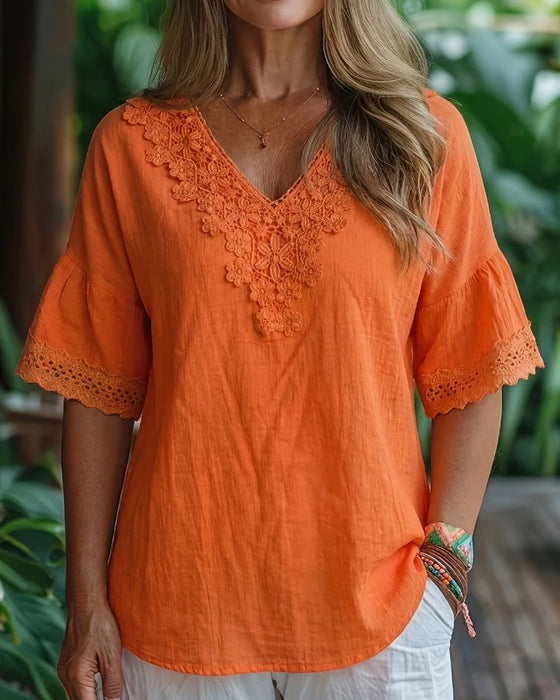 Blouse Kant Hollow Out V-Hals