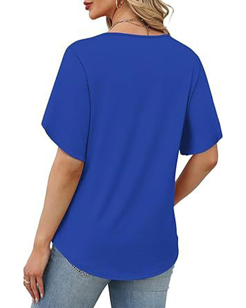 T-Shirt V-Hals Kleine Split Korte Mouw Effen