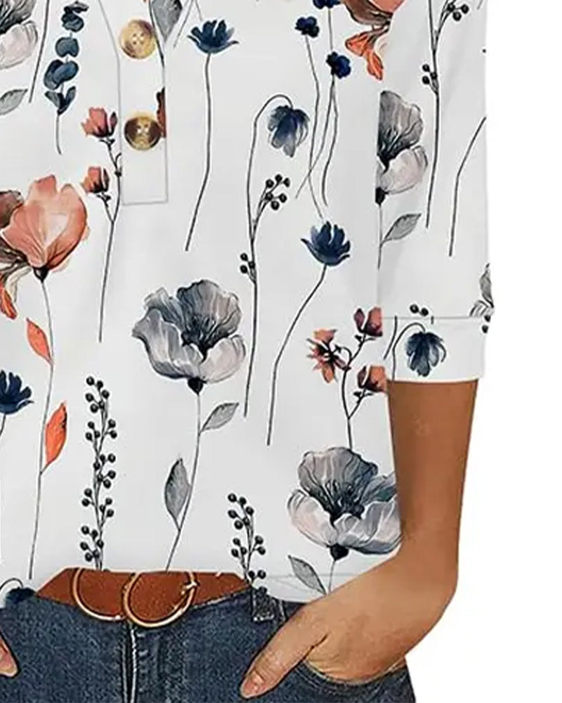 Blouse V-Hals Geknoopt Driekwart Mouw