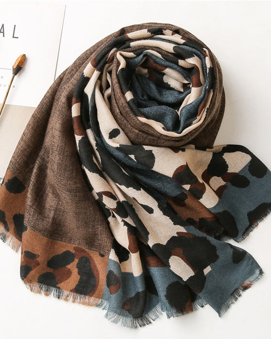 Dames Sjaal Luipaard Patchwork Print Franje Omslagdoek