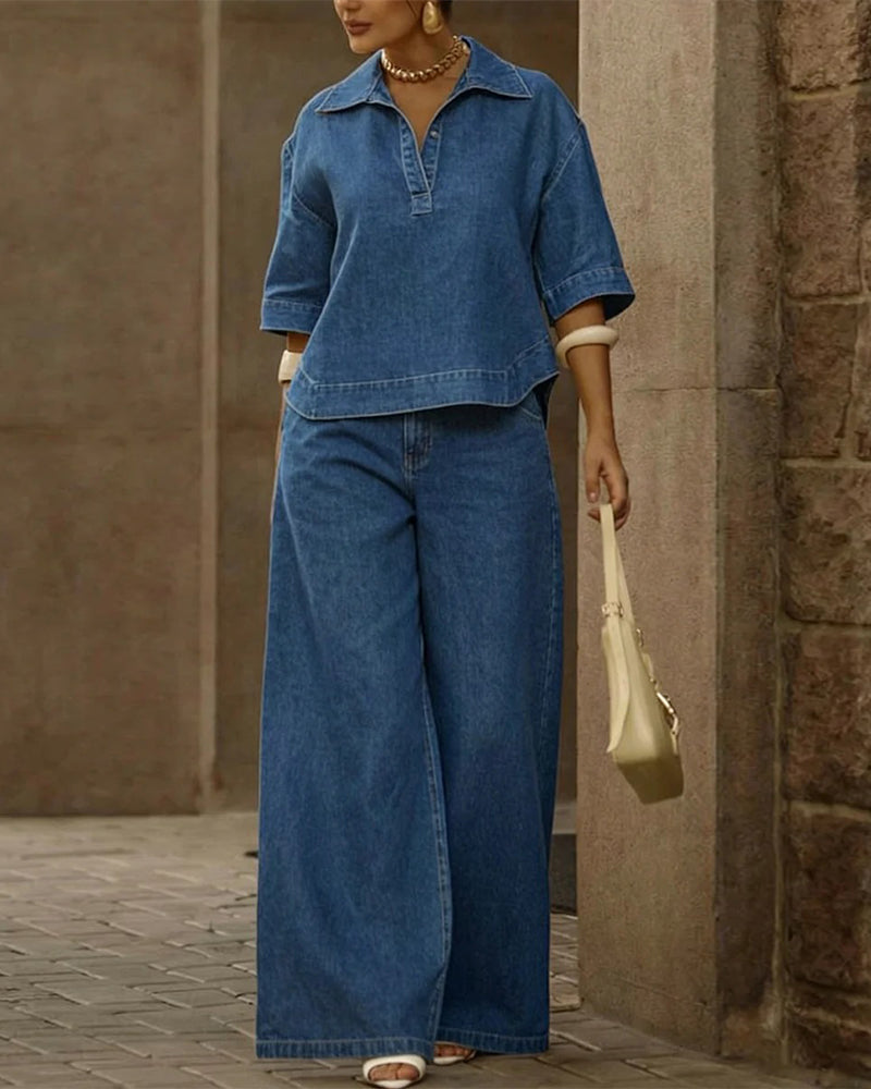 Set Denim Keepkraag Wijd Pijp Broek