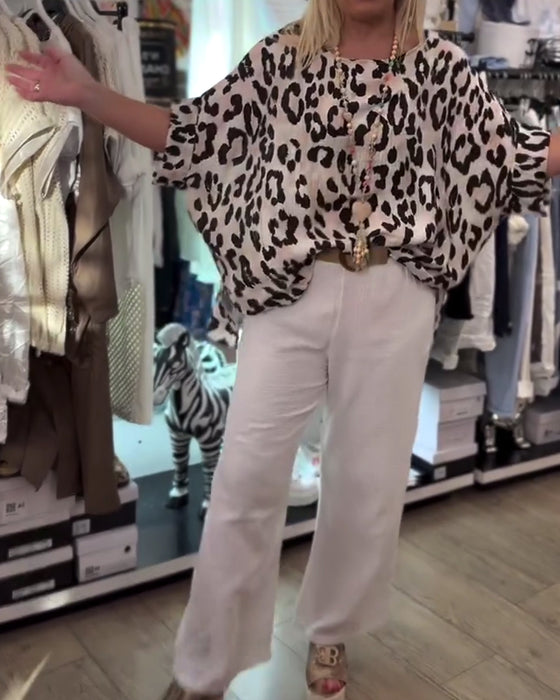 Blouse Met Ronde Hals Luipaardprint Los