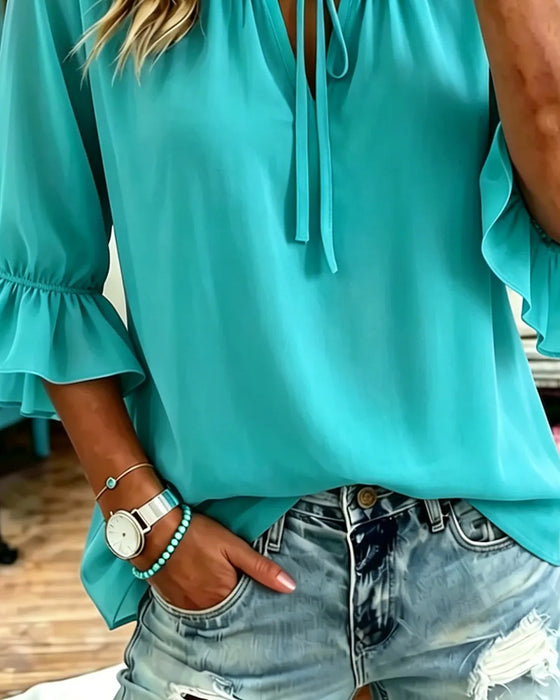 Blouse Effen Kleur Ruchesmouw Vetersluiting