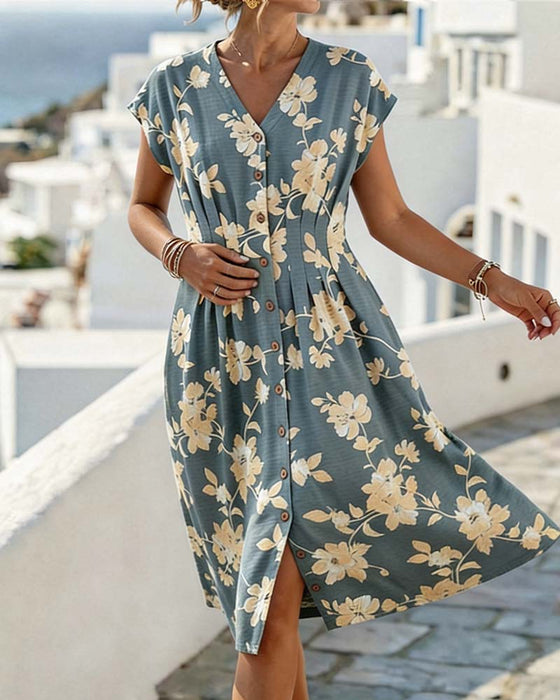 Jurk V-Hals Print Getailleerde Taille Knoopsluiting Voorzijde