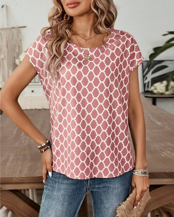 Blouse Ronde Hals Diamantprint Korte Mouwen