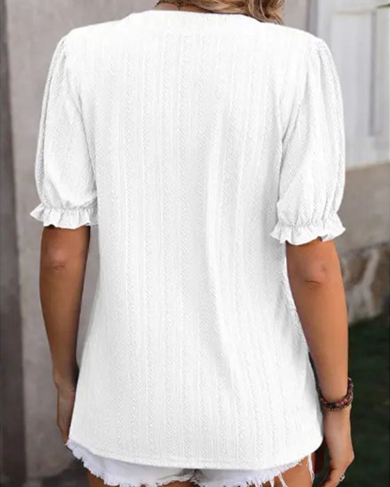 T-Shirts V-Hals Mini Mandarin Kraag Puff Mouw