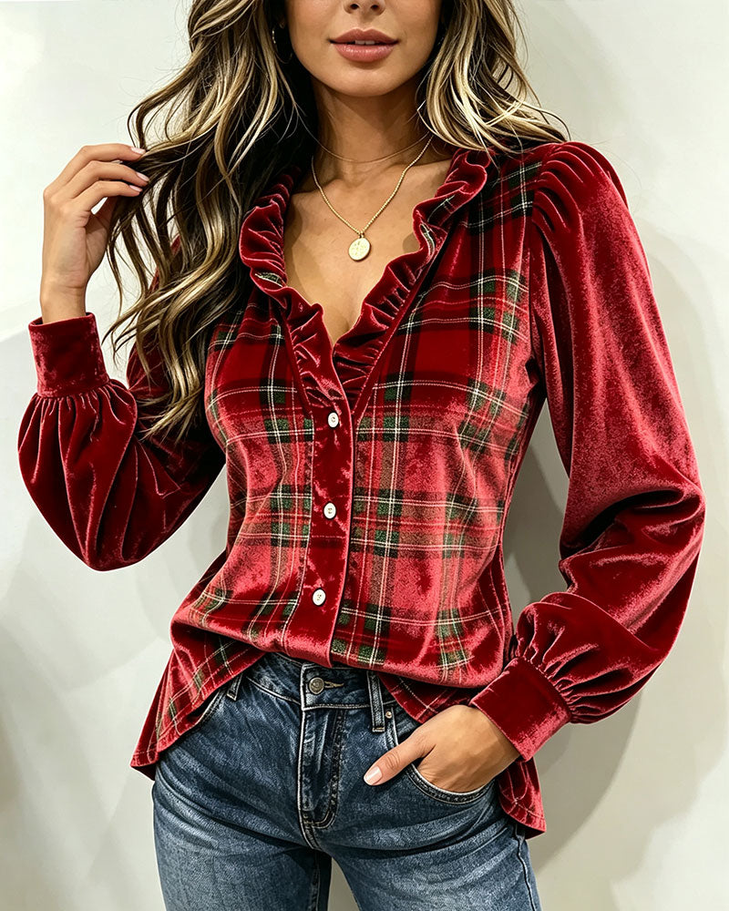 Blouse Ruffle V-Hals Fluweel Geruit Paneel