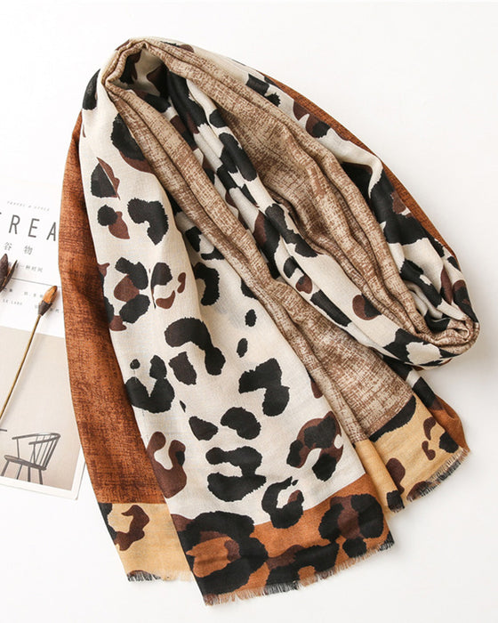 Dames Sjaal Luipaard Patchwork Print Franje Omslagdoek
