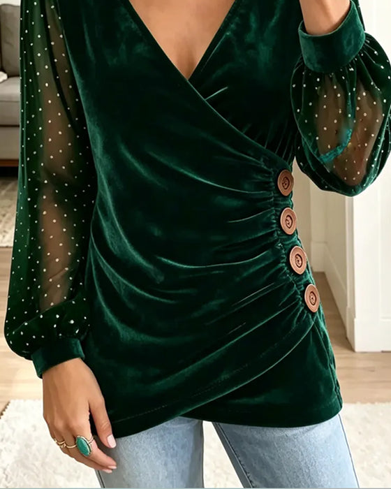 Blouse V-Hals Knoop Polka Dot Asymmetrisch