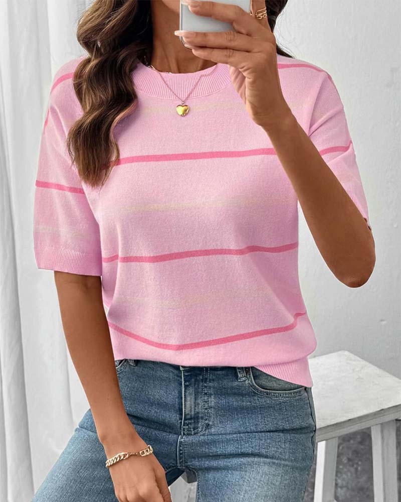 Pullover Streep Contrastkleur Korte Mouw Gebreid