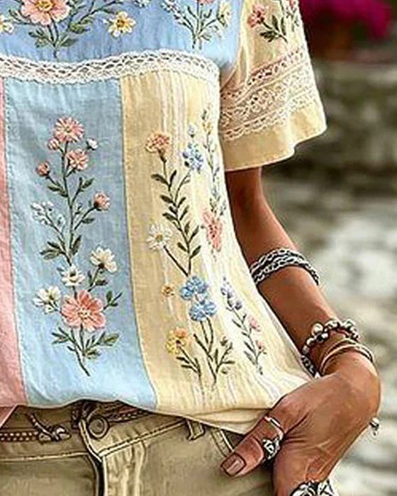 Blouse Ronde Hals Patchwork Bloemen