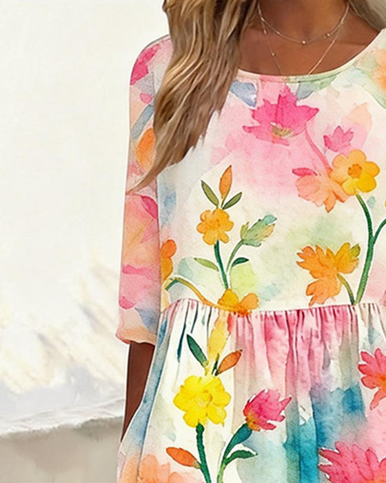 Jurk Aquarel Bloemenprint Ronde Hals