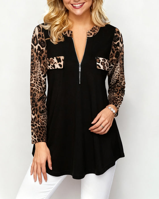 Langmouwige Sweatshirt Met Leopardprint En Halve Rits