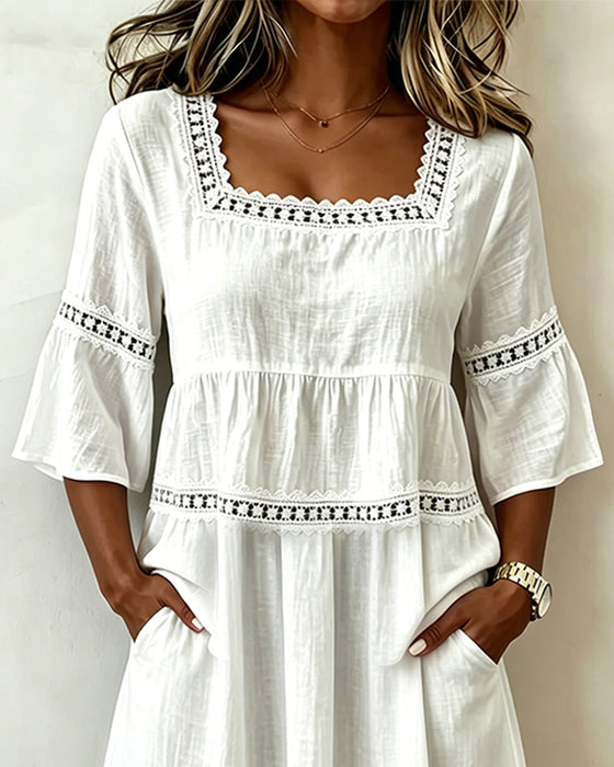 Jurk Vierkante Hals Kant Patchwork