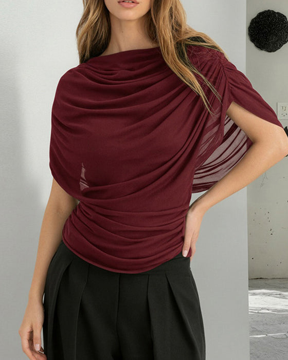 Blouse Mesh Sjaal Hals Gedrapeerd Slim Fit