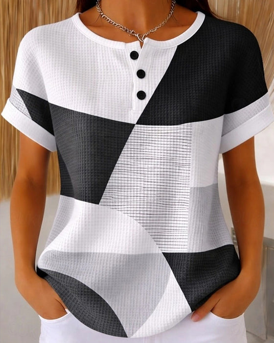 Blouse Rondhals Knoop Kleurblok Wafel