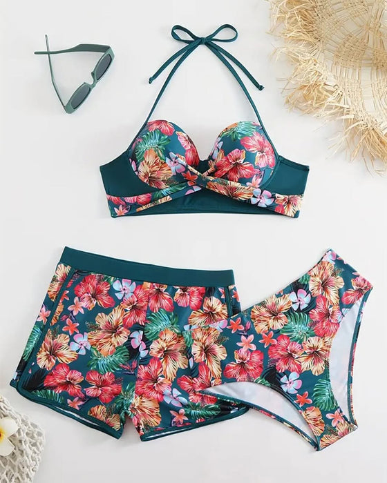 Badpak casual bloemenprint shorts driedelig