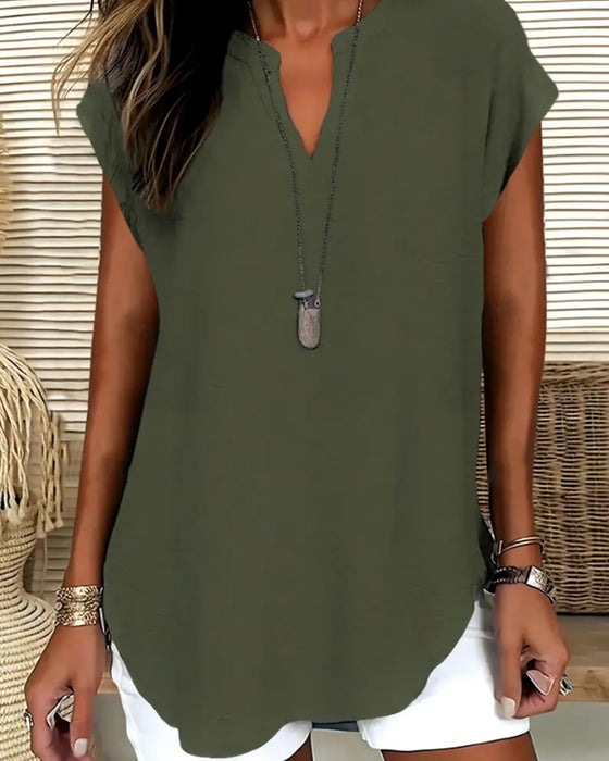 Blouse Casual Drop Schouder V-Hals Korte Mouw