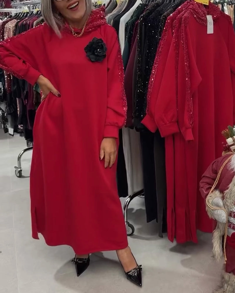 Jurk Met Capuchon Glitter Applicatie Lang